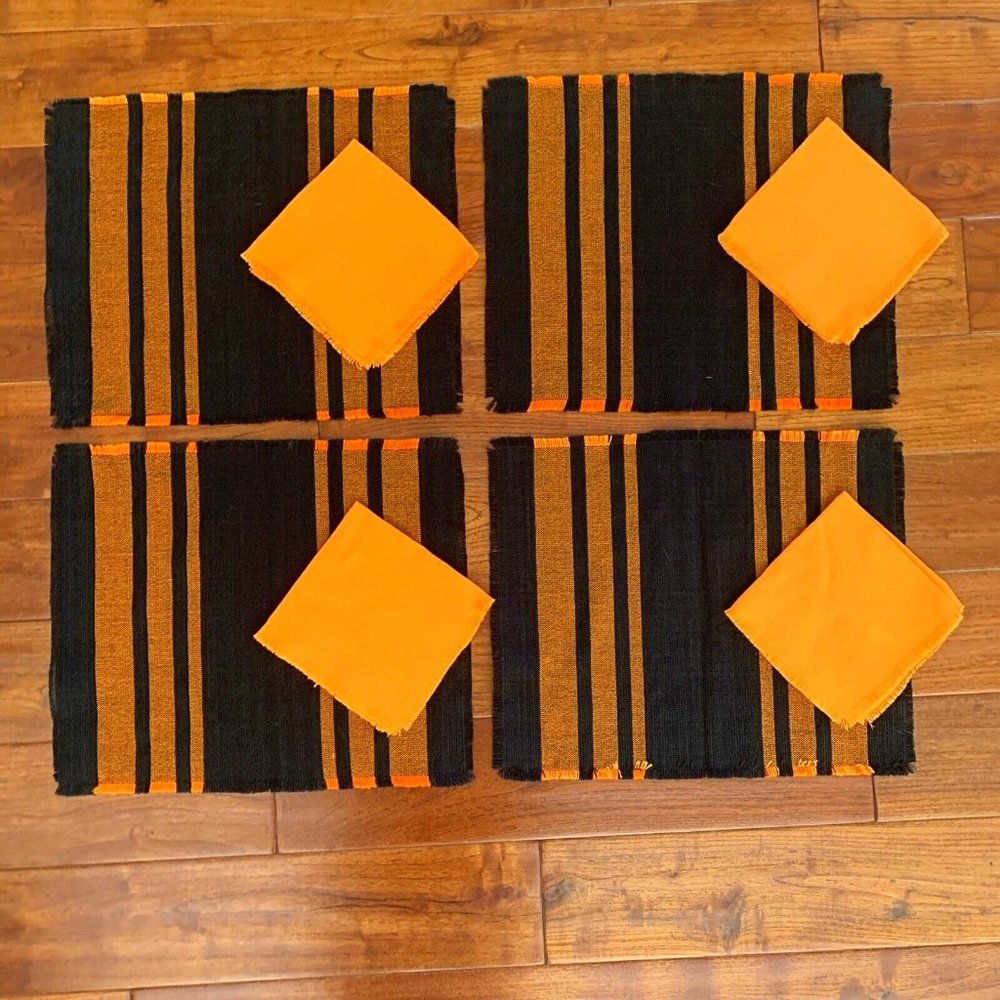 Black & Orange Halloween Cloth Placemats & Napkins Set Of 4 Fringe Fabric